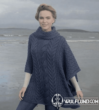 COWL NECK PONCHO, WOOLLEN, BLUE