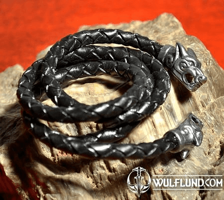 VIKING WOLF BRAIDED LEATHER BOLO, LEATHER AND PEWTER