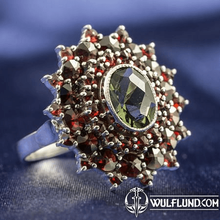 LYNA, CZECH MOLDAVITE, GARNET, SILVER RING