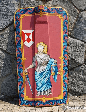 HAND PAINTED PAVISE, LONG WOODEN SHIELD JUSTICE