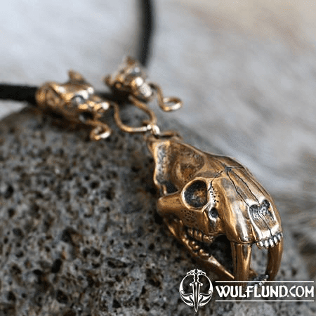 SMILODON, SABERTOOTH TIGER SKULL NECKLACE, MASSIVE JEWEL, BRONZE