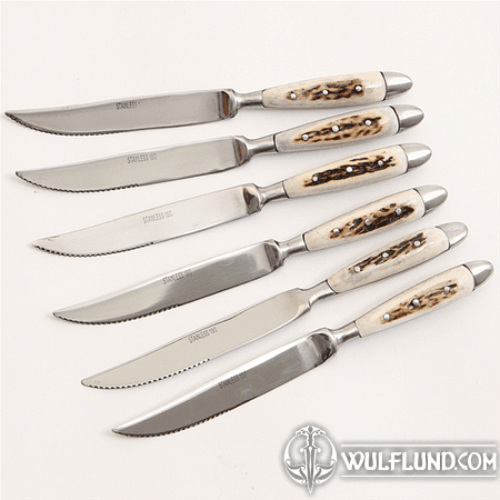 STEAK KNIVES SET OF 6 PIECES, FLAT HANDLE, ANTLER