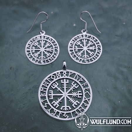 VEGVÍSIR - ICELANDIC COMPASS, EARRINGS AND PENDANT, SILVER