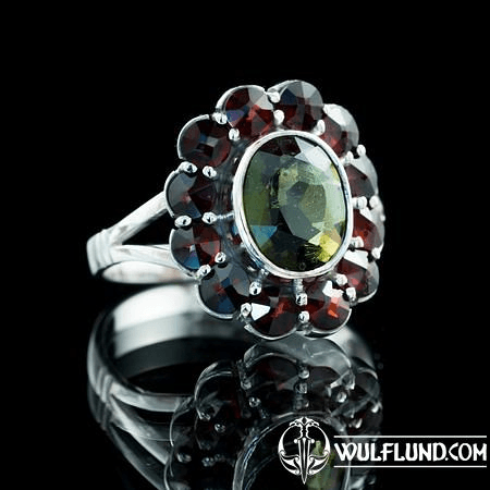 VELNA - MOLDAVITE, GARNET, SILVER RING