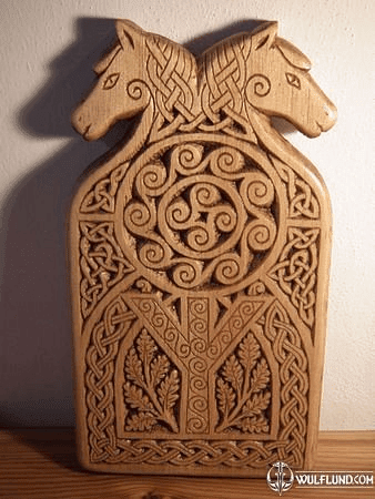 HEAVENLY HORSES, THE SUN AND ALGIZ RUNE, WOOD CARVING