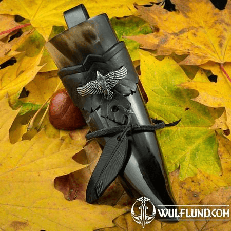CORVUS, DRINKING HORN AND LEATHER HOLDER