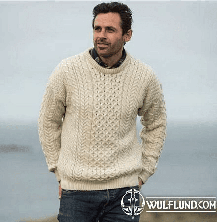 TRADITIONAL ARAN SWEATER, MERINO WOOL, NATURAL COLOUR