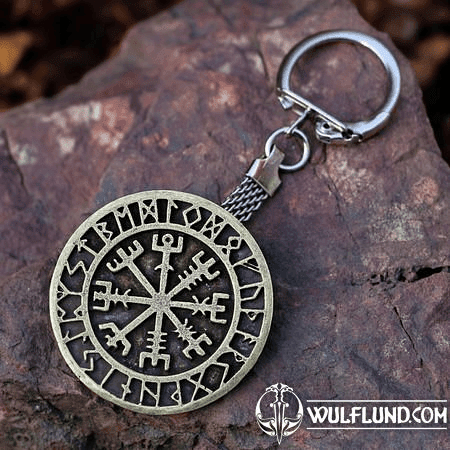 VEGVISIR, ICELANDIC RRUNES, KEYCHAIN, ZINC ANT. BRASS