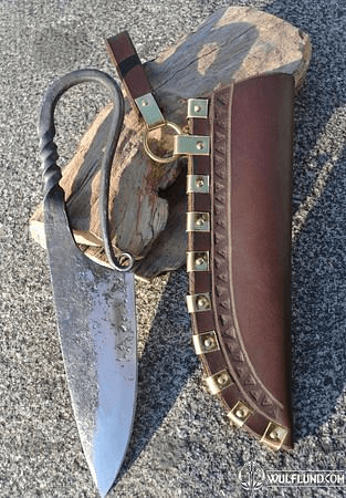 FORGED VIKING KNIFE WITH LEATHER SCABBARD, BRASS FITTINGS