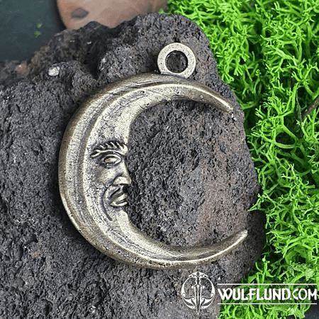 LUNE AVEC VISAGE, AMULETTE, ZINC, LAITON ANCIEN