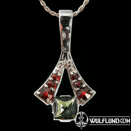 OCTAVIA, MOLDAVITE, GARNET, SILVER PENDANT