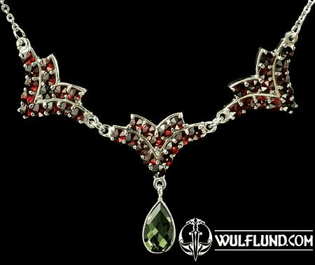 VICTORIA, CZECH MOLDAVITE, GARNET, SILVER NECKLACE