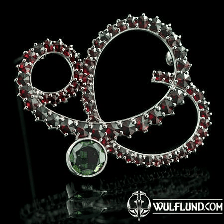 VIOLA, SILVER BROOCH, MOLDAVITE, GARNET