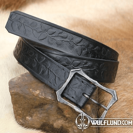 PINE CONES, FORESTRY LEATHER BELT WITH FORGED BUCKLE, BLACK