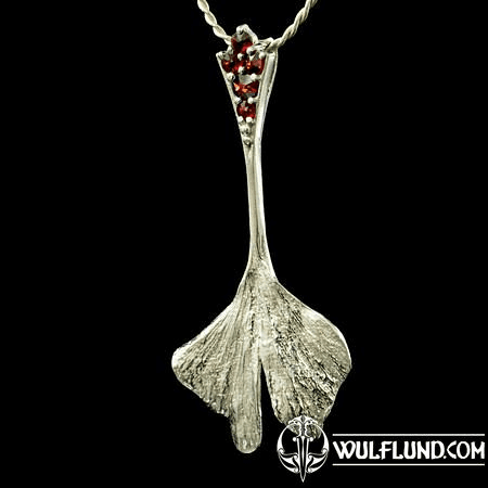 GINKGO BILOBA, PENDANT, GARNET, SILVER