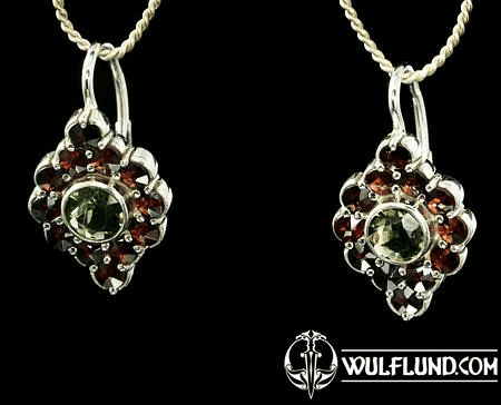 SIBILA, EARRINGS, MOLDAVITE, GARNET, SILVER