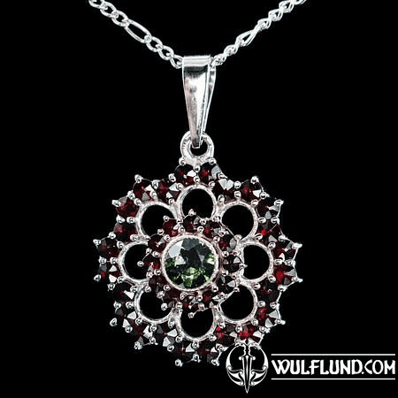 ROSETA, MOLDAVITE, GARNET, SILVER PENDANT