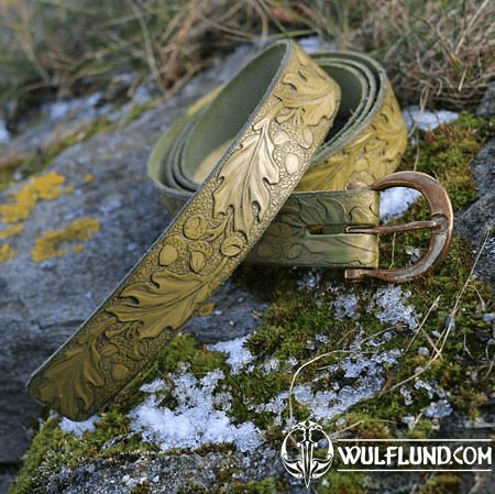 QUERCUS, LEATHER BELT WITH OAK LEAVES, OLIVE GREEN