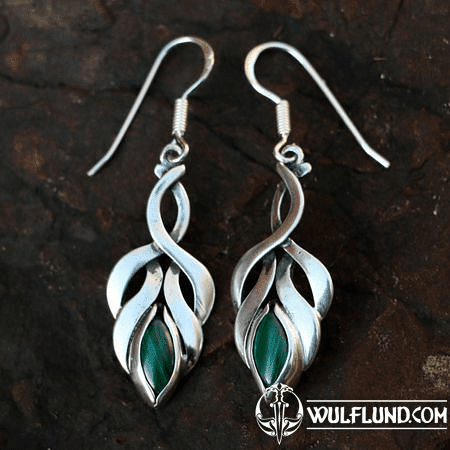 BOUCLES D'OREILLES ELFIQUES, MALACHITE, ARGENT