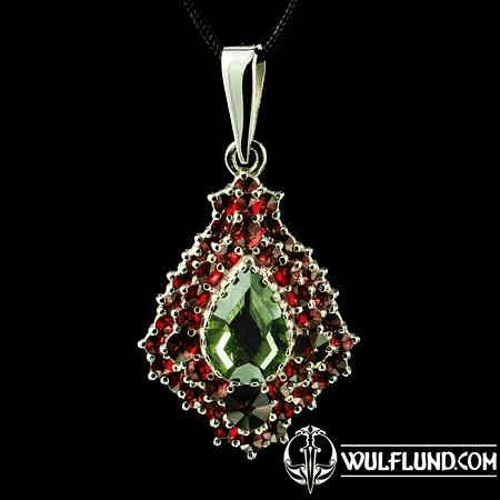 MOLDAU, MOLDAVITE, GARNET, SILVER PENDANT