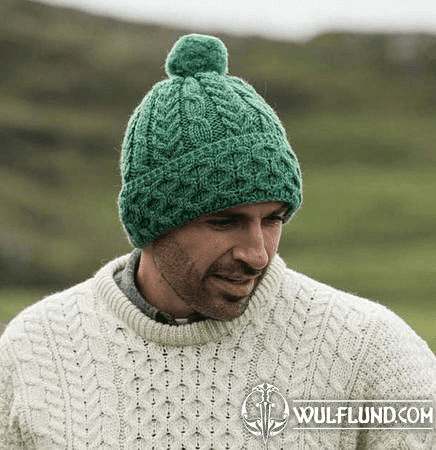 HONEYCOMB & CABLE HAT WITH POM POM, UNISEX, MERINO WOOL, GREEN