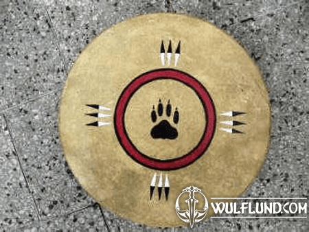 SHAMAN INDIAN DRUM, WOLF TRACK AND EAGLE FEATHERS