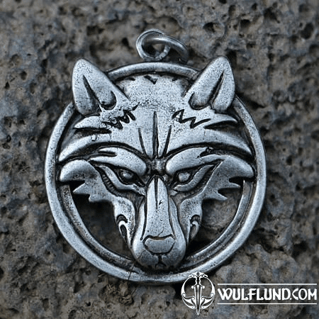 WOLF DEN KOPF IN DEN RING, ZINK, AMULETT ALTSILBER