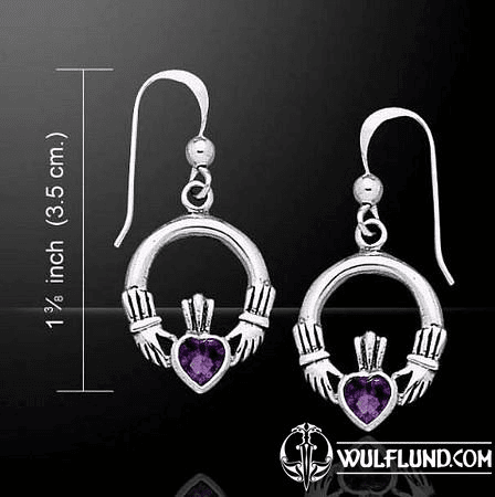 CLADDAGH EARRINGS WITH HOOKS, AMETHYST, SILVER 925