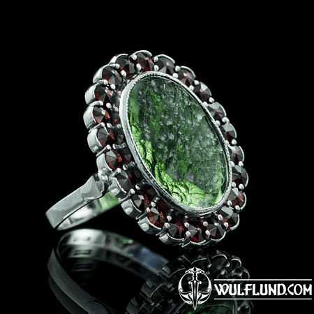 DRINA, CZECH MOLDAVITE, GARNET, SILVER RING