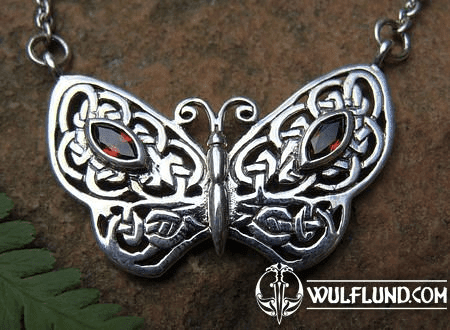 BUTTERFLY NECKLACE WITH GARNETS, SILVER NECKLACE, AG 925