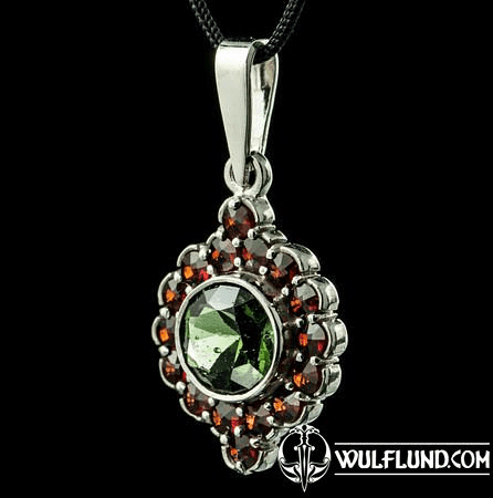 ZLATA, CZECH MOLDAVITE, GARNET, SILVER PENDANT