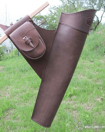 LEATHER QUIVER WITH POUCH AND CARVED ORNAMENTS