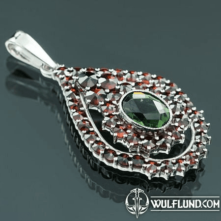 ISIDORA, SILVER PENDANT, MOLDAVITE, GARNET