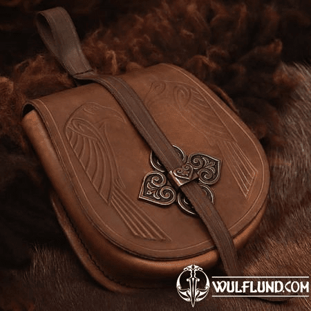 TWO RAVENS EARLY MEDIEVAL LEATHER BAG - COW LEATHER, TIN ALLOY