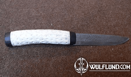 VIKING DAMASTEEL KNIFE, HAND CARVED IN ANTLER