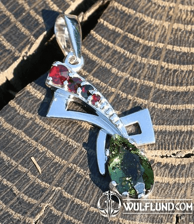 PERSEA, SILVER PENDANT, MOLDAVITE, GARNET