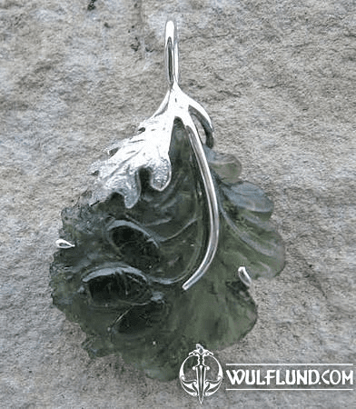 OAK LEAF, RAW MOLDAVITE PENDANT, STERLING SILVER - GLYPTICA