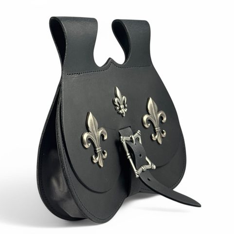 MEDIEVAL LEATHER SATCHEL, FLEUR DE LIS, BLACK