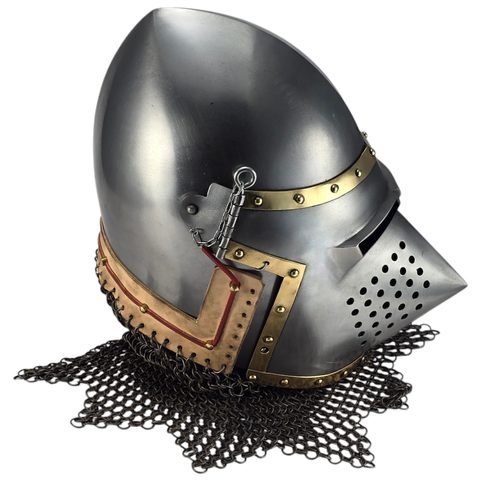 PIG FACE HELMET, CHAIN MAIL AND BRASS