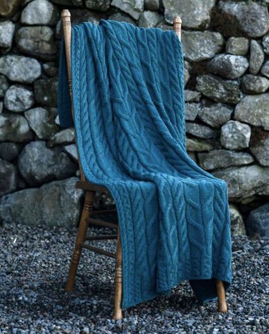 WOLL-LEINEN-ÜBERWURF, DECKE, MERINOWOLLE, BLAU