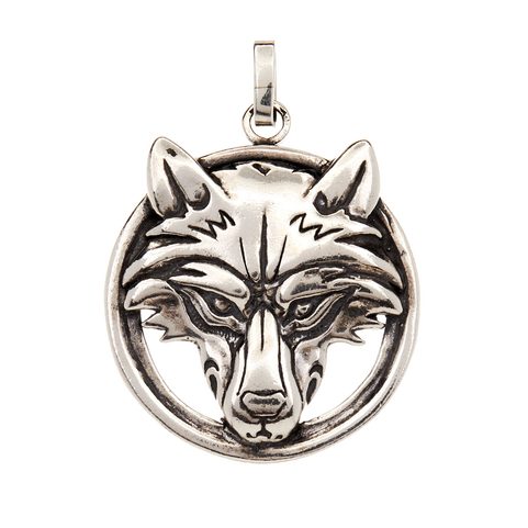 WOLF'S HEAD IN A RING, STERLING SILVER PENDANT
