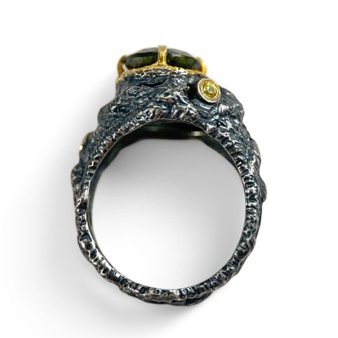 HERCINIA SILVER RING WITH MOLDAVITE AND GARNET, AG 925/1000
