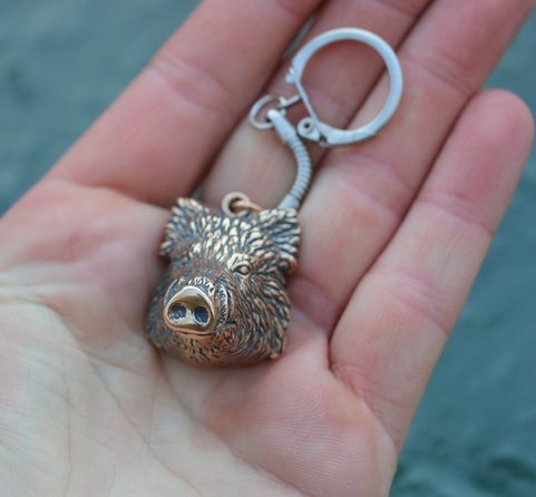 WILD BOAR - BOAR, MASSIVE BOAR'S HEAD BRONZE, KEY RING