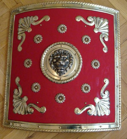 GLADIATOR SHIELD, BRASS DECORATIONS, RED