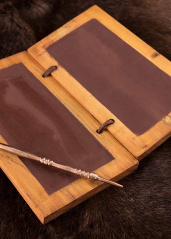 WOODEN WAX TABLET DIPTYCH WITH BRASS CHISEL