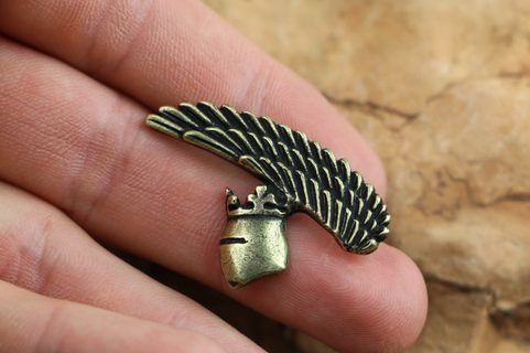 KNIGHT'S HELMET, PENDANT, ZINC, ANT. BRASS