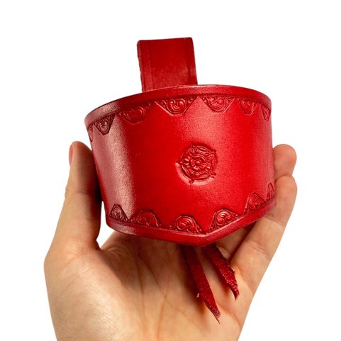 FLOWER, LEATHER DRINKING HORN HOLDER, RED