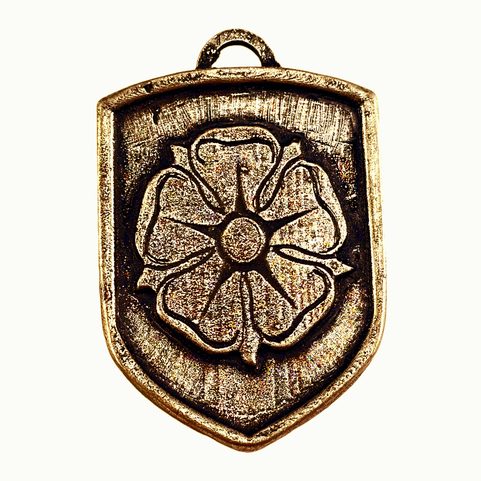 ROSE OF ROSENBERG, MEDIEVAL COAT OF ARMS IN SHIELD, ZINC, OLD BRASS