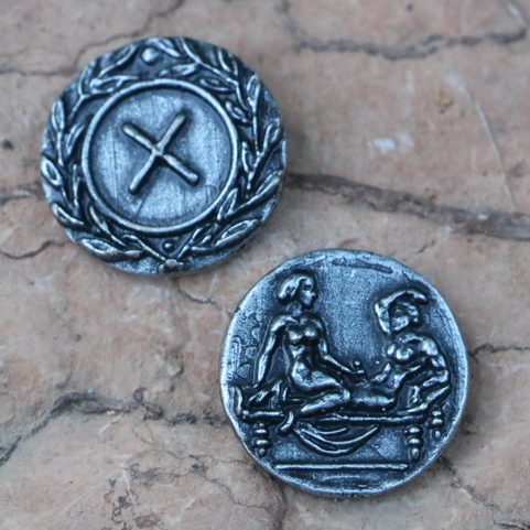 ROM, EROTISCHER TOKEN SPINTRIA X, 1. JAHRHUNDERT, ZINNREPLIK