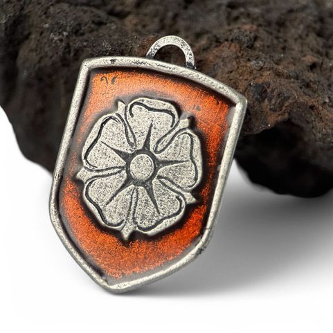 ROSE OF ROSENBERG, MEDIEVAL COAT OF ARMS IN SHIELD, ZINC, ENAMEL